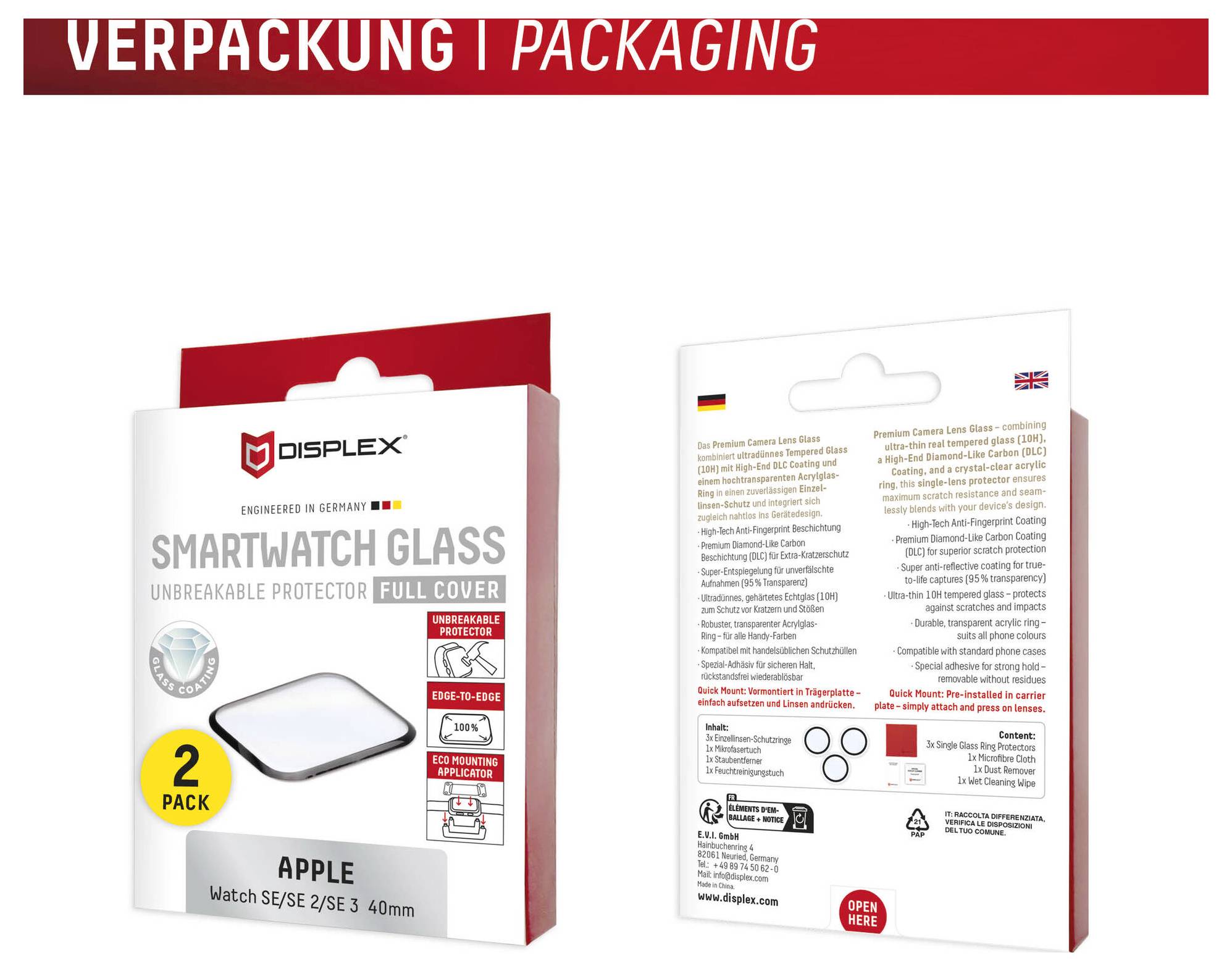 Obaly ochranného skla Displex smartwatch zobrazené z přední a zadní strany, označené jako „SMARTWATCH GLASS" a „2 PACK" pro Apple watch velikosti 38/40mm.