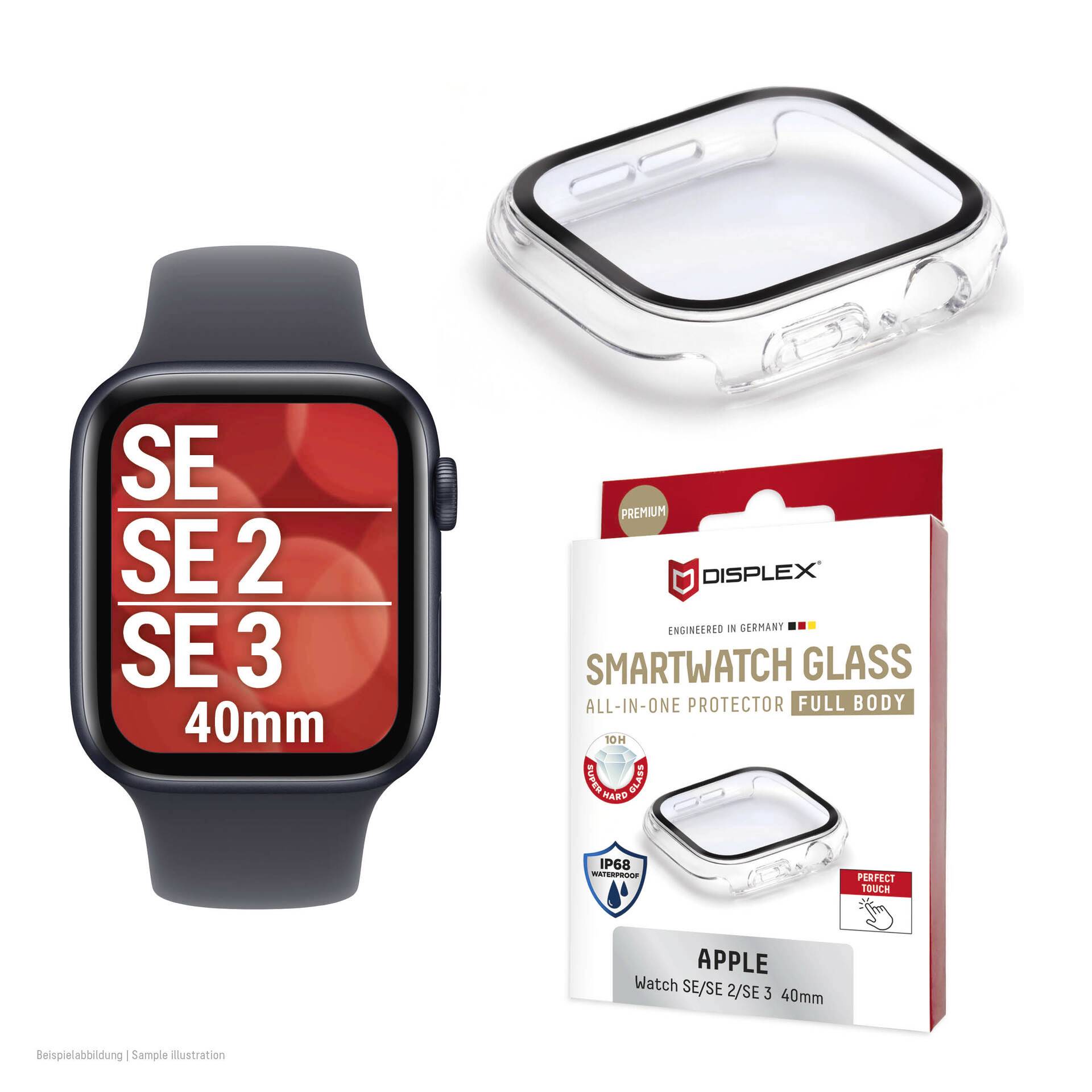 Ochranná fólie na obrazovku Apple Watch pro SE, SE 2 a SE 3, 40 mm, zobrazená s hoddinkami a obalem s průhledným ochranným pouzdrem.