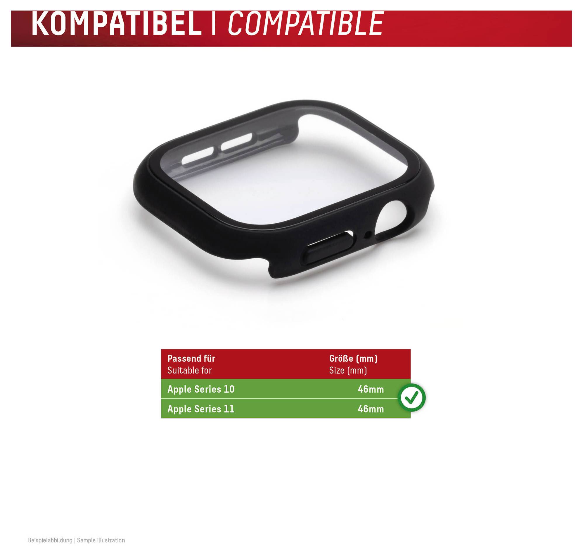 Černé ochranné pouzdro pro Apple Watch Series 10 a 11, velikost 46 mm, označeno „KOMPATIBEL | COMPATIBLE" s ikonou zaškrtnutí.
