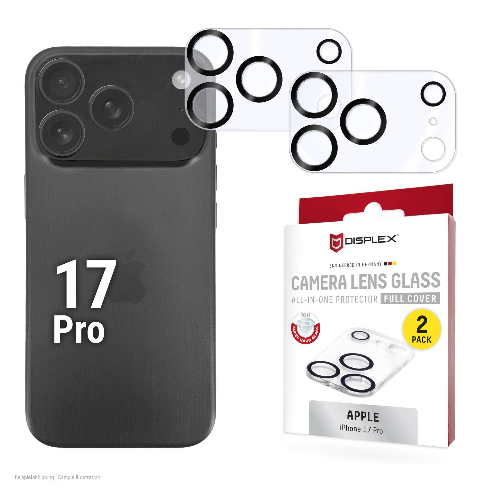 iPhone 17 Pro v černém pouzdře a ochranami kamer objektivu zobrazený vedle balení DISPLEX ochranného skla na kameru s plným pokrytím v balení 2 kusů.