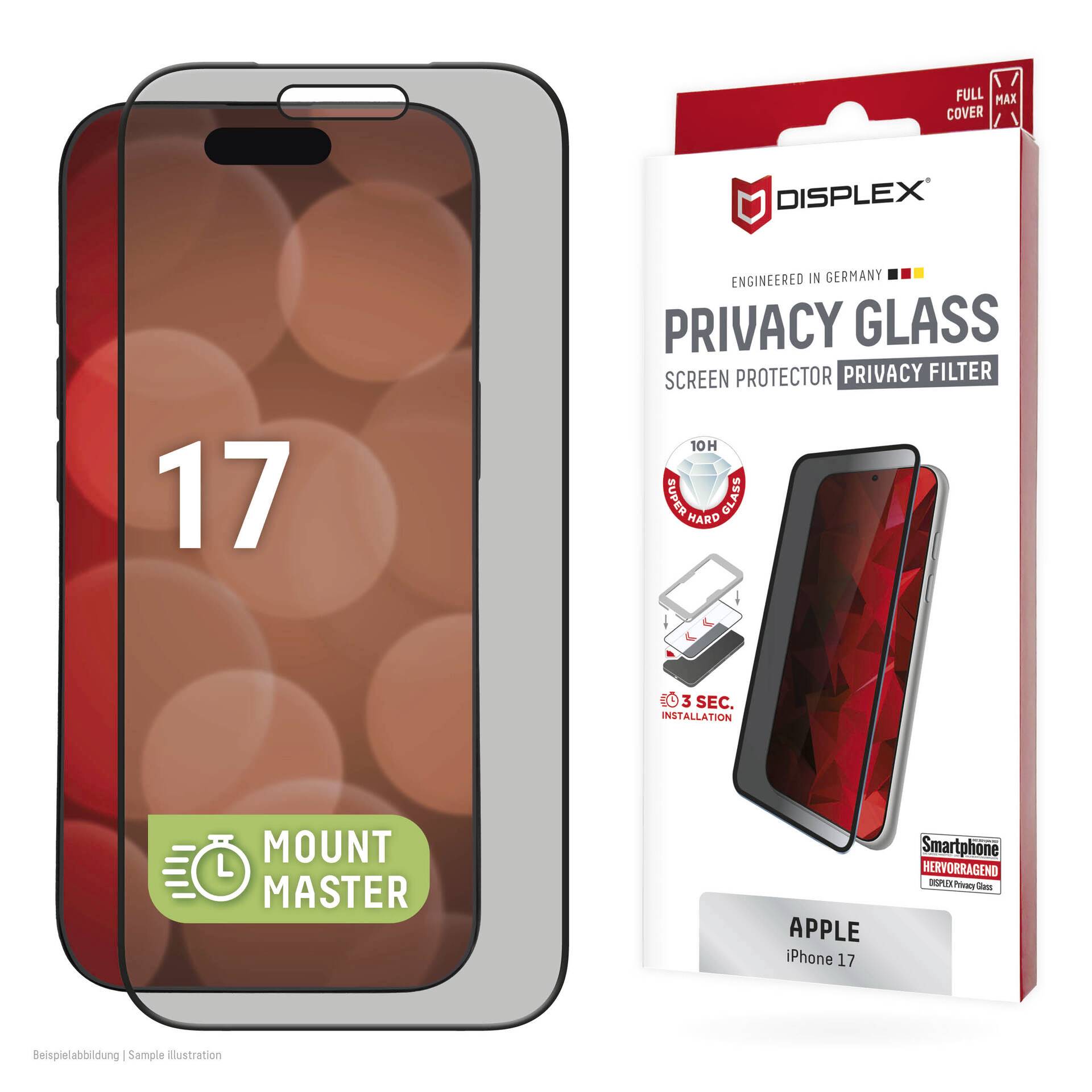 Ochranné sklo na displej Displex pro Apple iPhone 17, zobrazené na telefonu s balením a ikonami instalace.