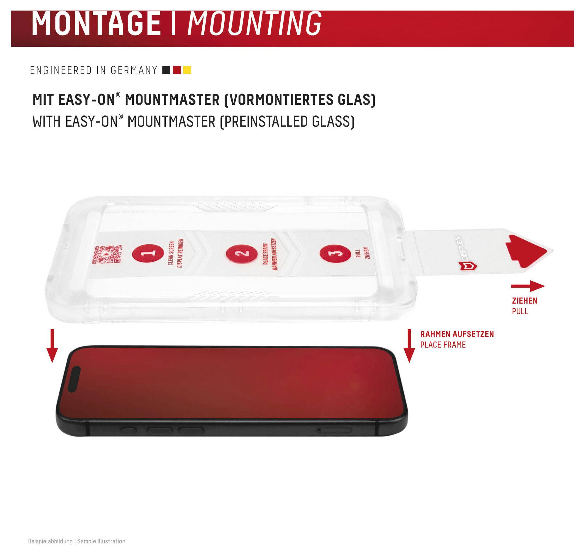 Diagram ukazující předinstalovanou instalaci skla Easy-On MountMaster: zvedněte zásobník, umístěte rámeček telefonu, poté vytáhněte aplikátor.