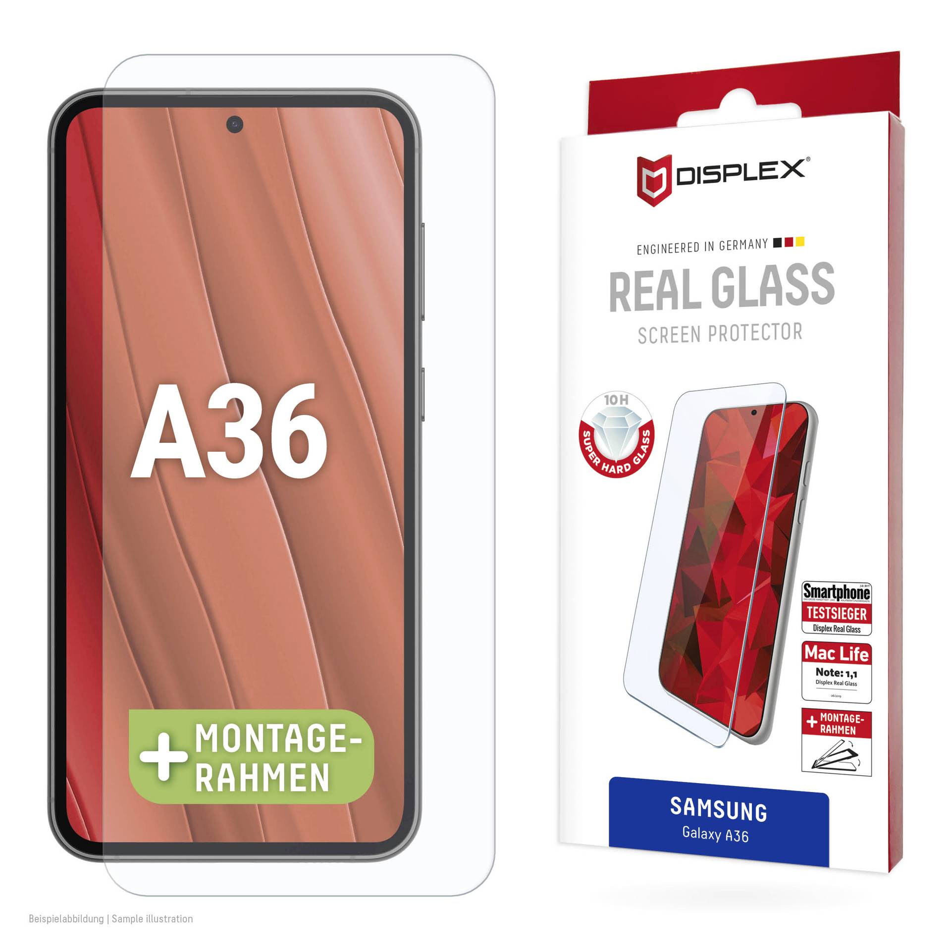 Opravdová skleněná ochranná fólie Samsung Galaxy A36 zobrazená s montážním rámem a balením produktu.