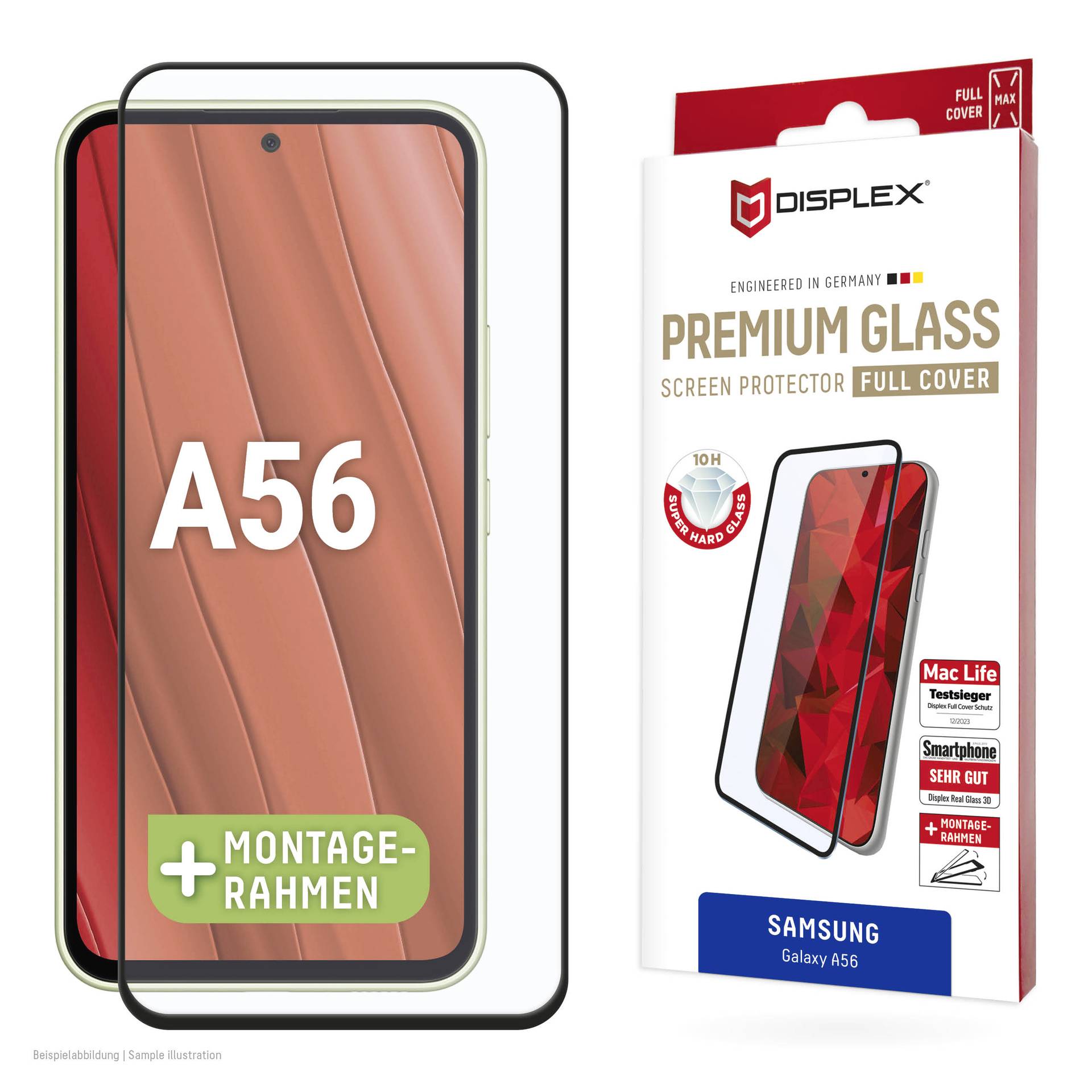 Ochranné sklo na displej Samsung Galaxy A56 premium se sklem na celou plochu a montážním rámcem zobrazeným na telefonu.