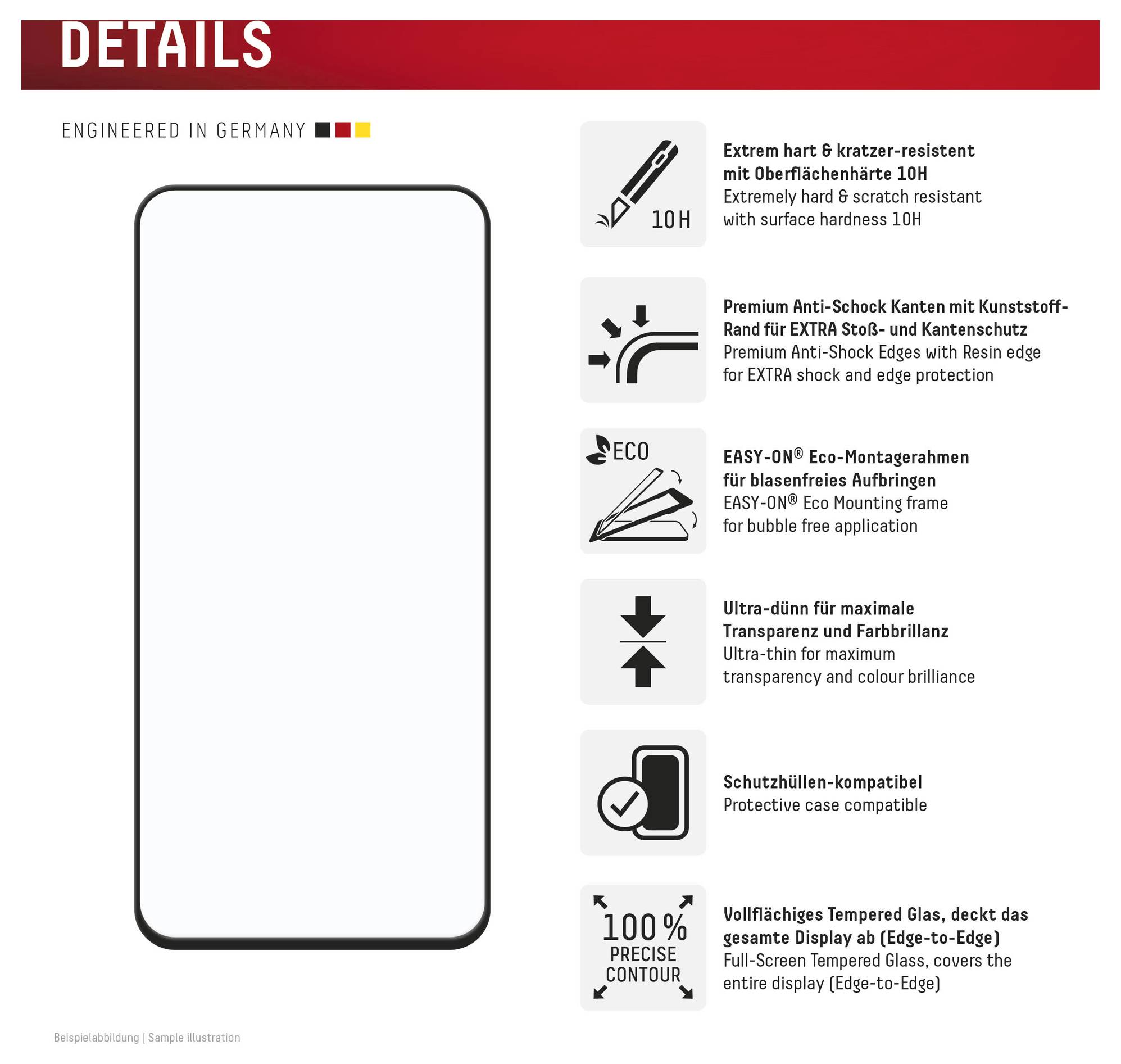 Infografika zobrazující detaily ochranného skla na obrazovku smartphonu: Odolnost vůči poškrábání 10H, ochranné hrany proti nárazu, snadná instalace bez bublin, ultra tenké čiré sklo, kompatibilita s pouzdry a úplné krytí až na hrany displeje.