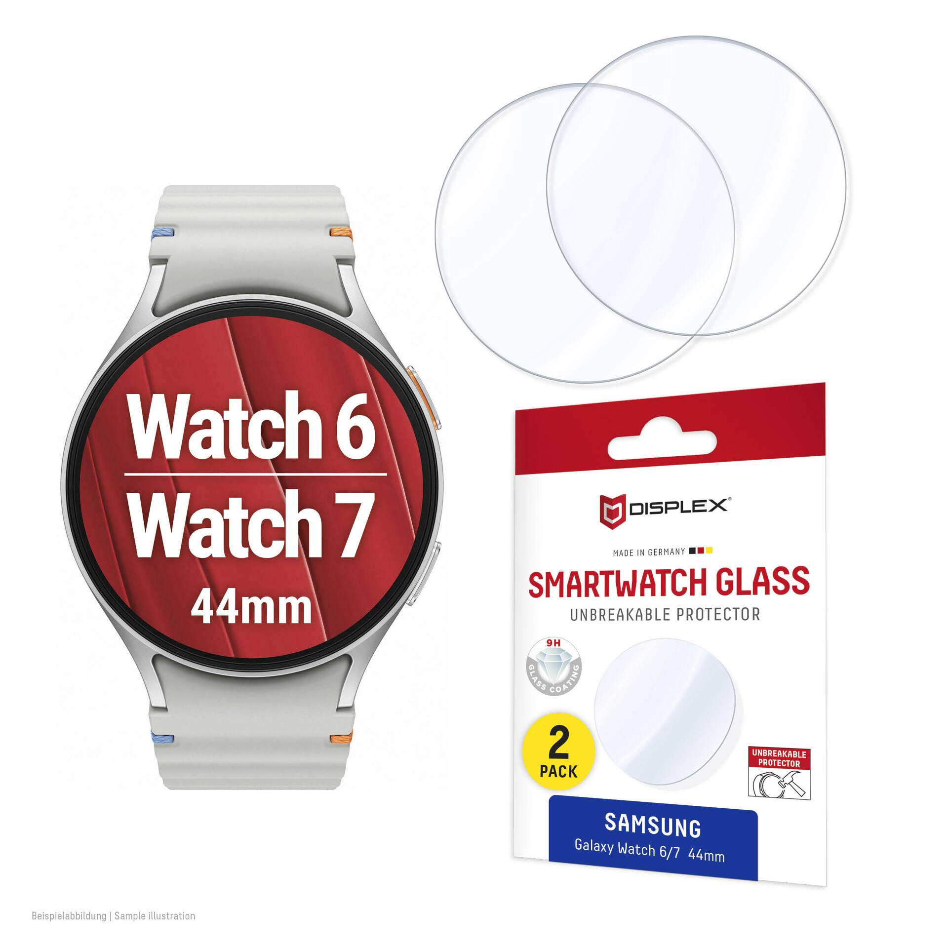 Ochranné sklo Samsung Galaxy Watch 6/7 44mm sada se dvěma čirými skleněnými ochrannými prvky a ilustrací hodinek označenou Watch 6 Watch 7 44mm.