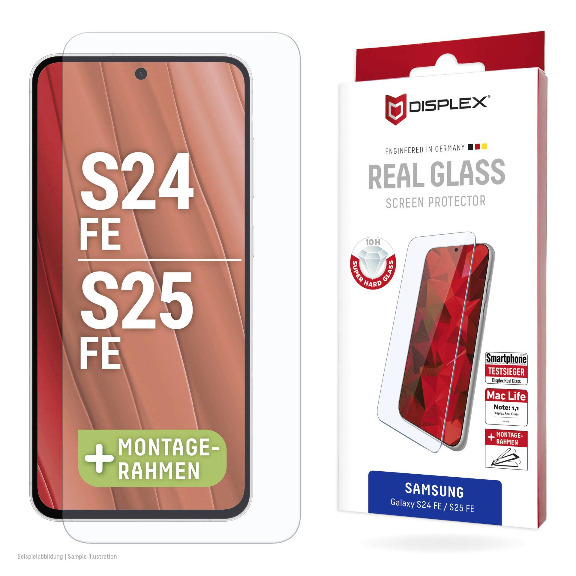 Zobrazení ochranného skla Samsung Galaxy S24 FE/S25 FE s instalačním rámečkem, zobrazené vedle balení s označením 'DISPLEX Real Glass Screen Protector' pro Samsung Galaxy S24 FE/S25 FE.