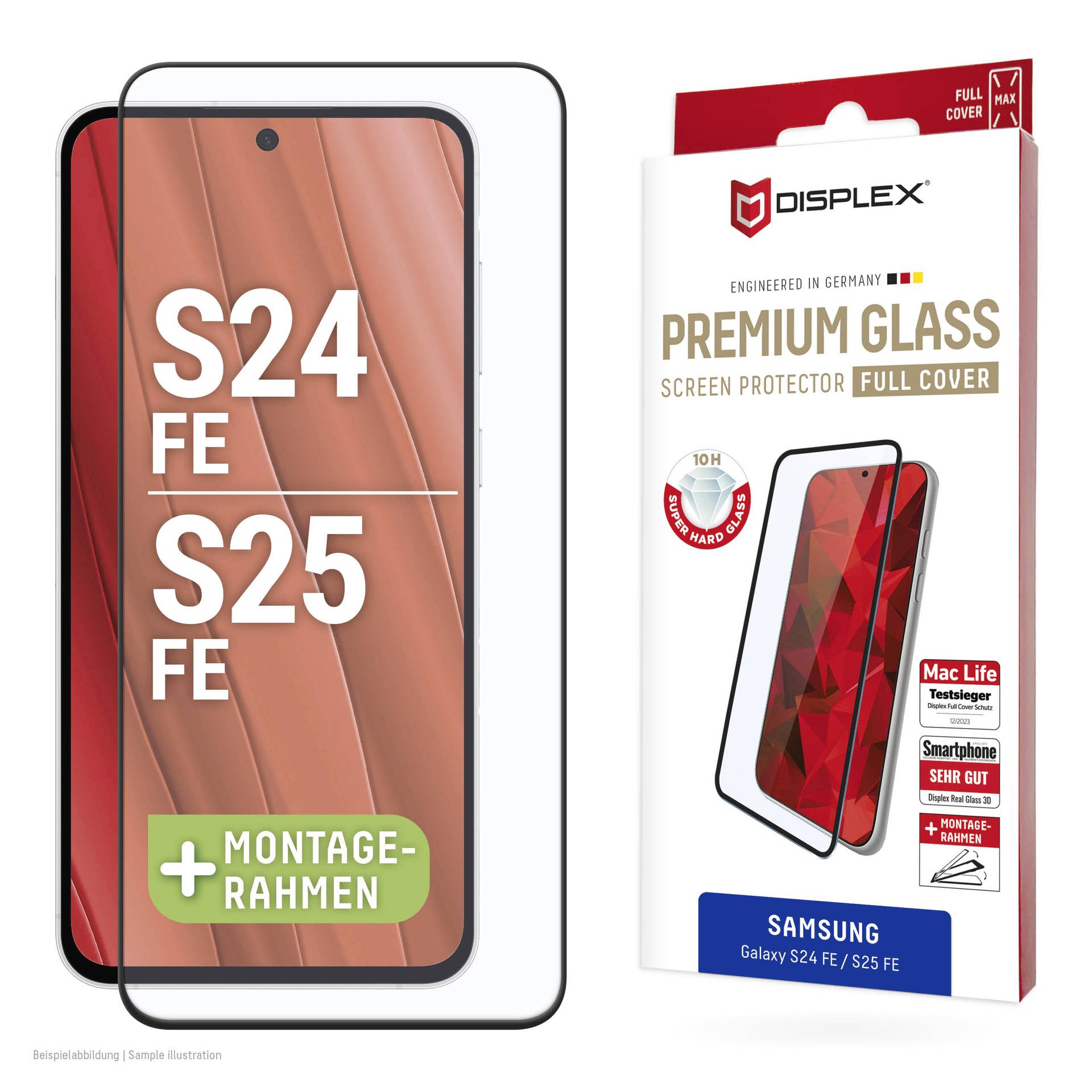 Ochranné sklo na displej pro Samsung Galaxy S24 FE a S25 FE, zobrazeno s montážním rámečkem a obchodním balením označeným „Premium Glass Screen Protector Full Cover".