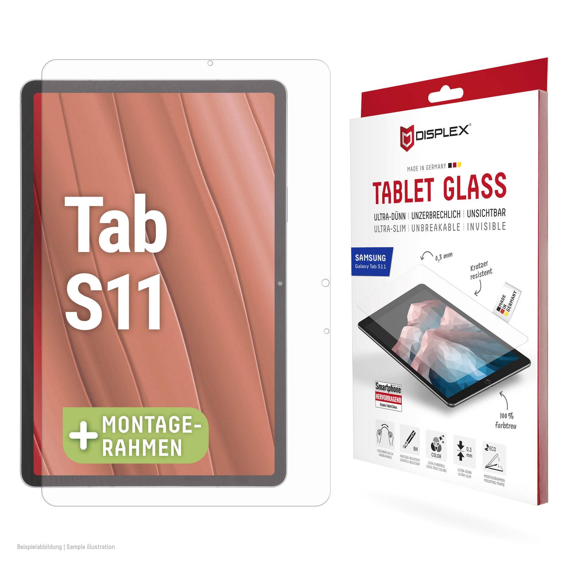 Produktový obrázek ochranného skla na obrazovku Samsung Tab S11 s montážním rámem, zobrazený vedle jeho maloobchodního balení označeného 'TABLET GLASS'.