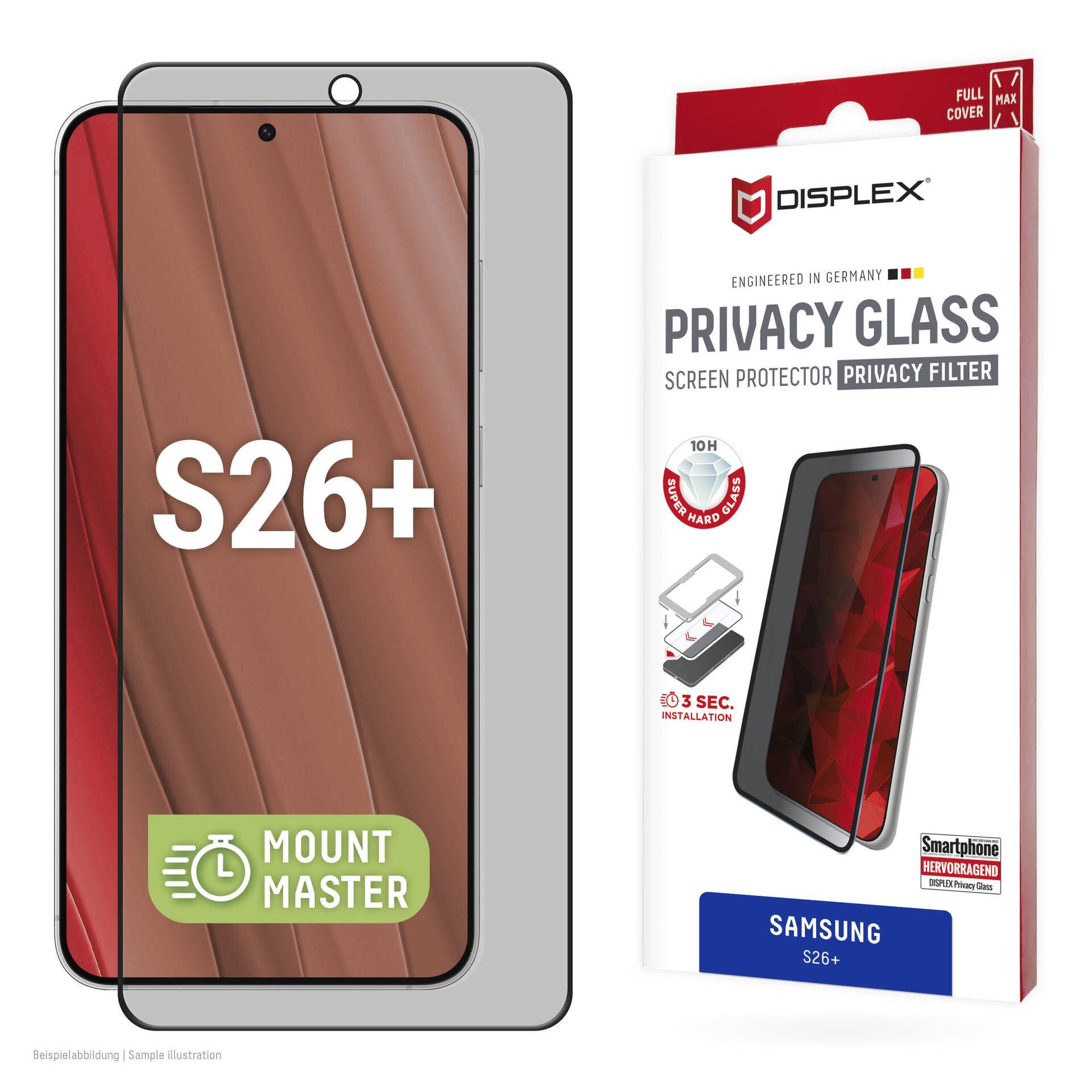 Ochranné sklo Displex privacy pro Samsung S26+, zobrazené na mockupu telefonu a krabici produktu s brandingem červeného filtru soukromí.