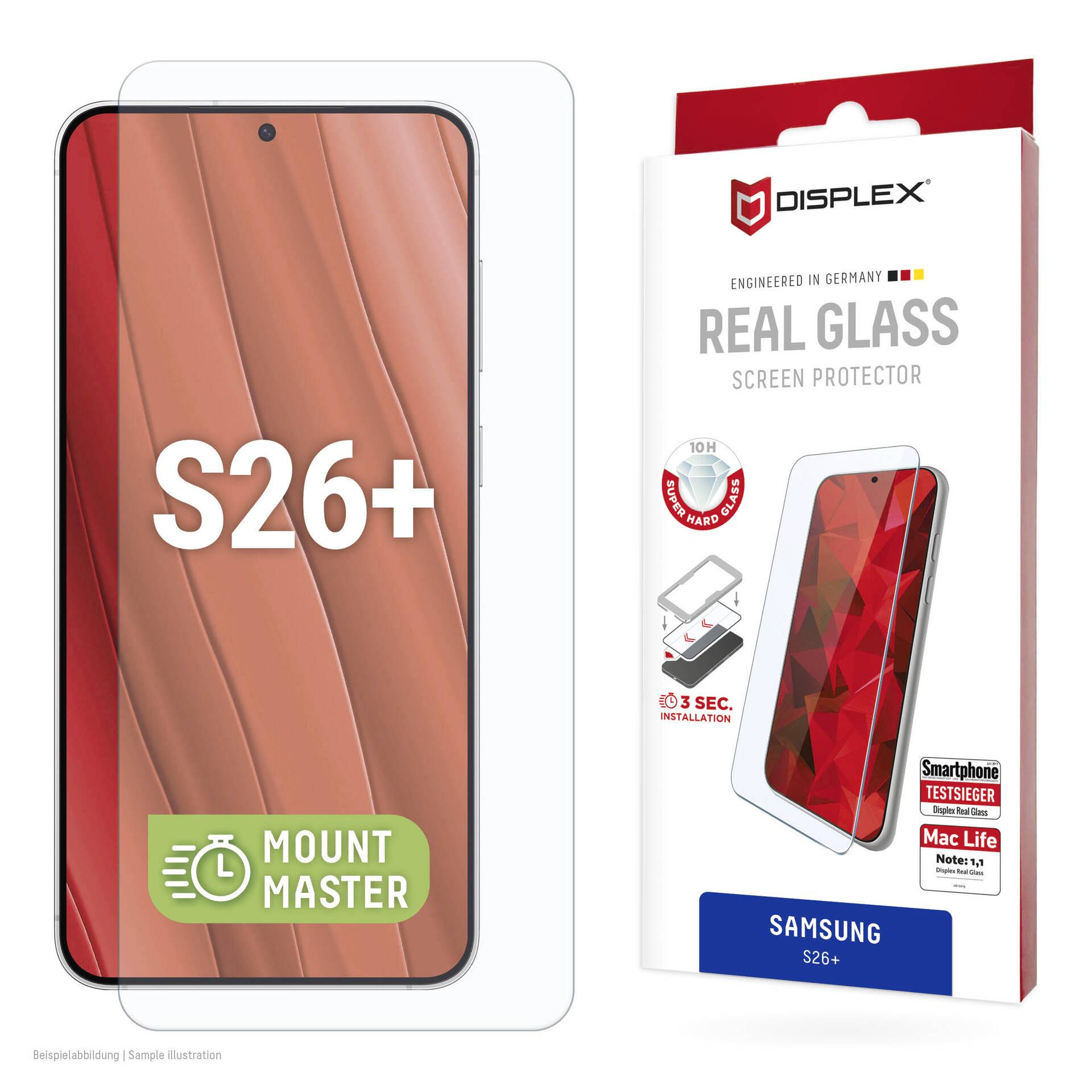 Samsung S26+ pravý skleněný ochranný kryt balení zobrazené vedle grafiky obrazovky telefonu s označením "S26+" a štítkem "Mount Master".