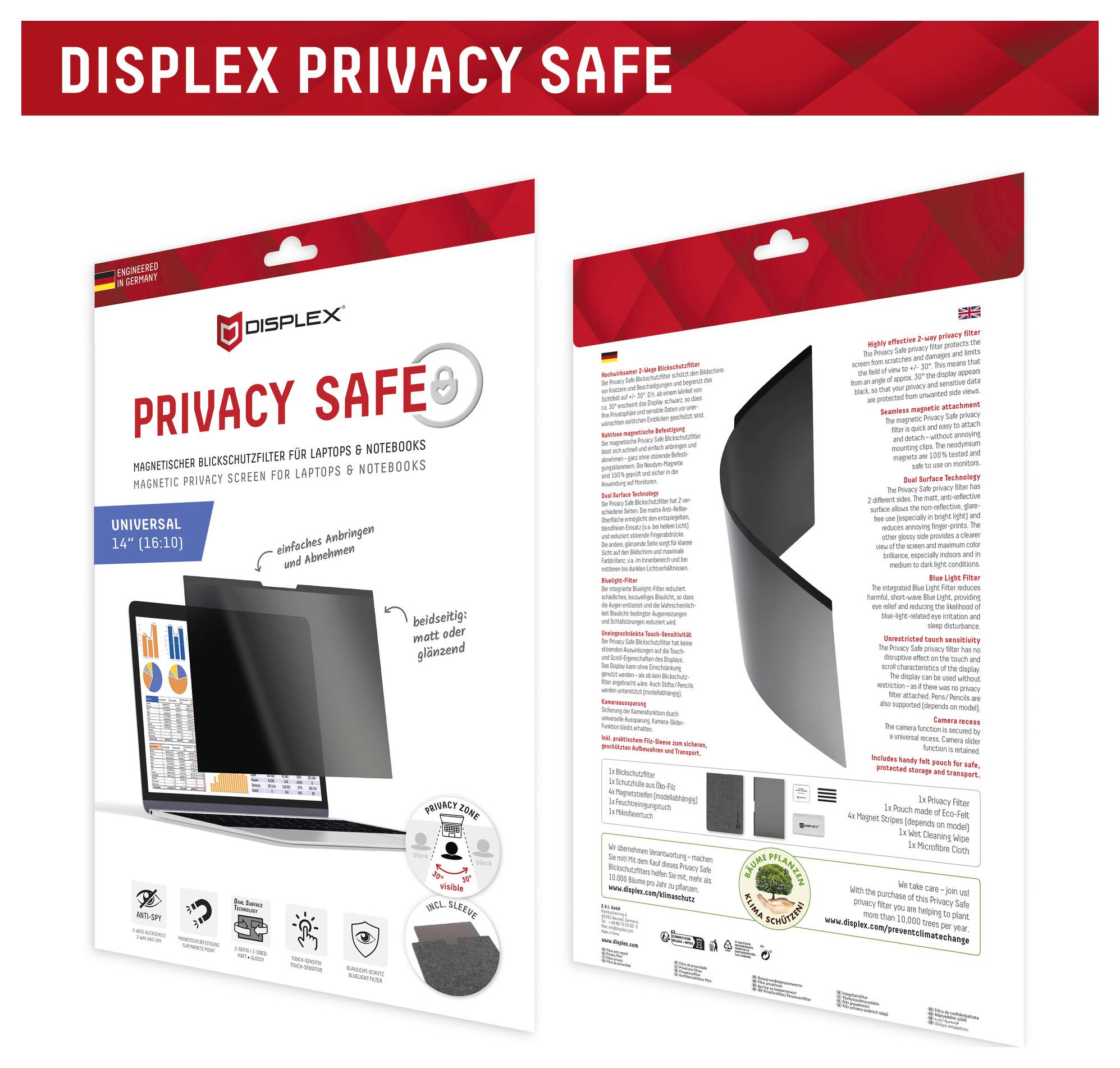 Displex Privacy Safe magnetická obrazovka na ochranu soukromí pro notebooky, zobrazeno přední a zadní balení s univerzálním přizpůsobením na 14 palců a ilustrací filtr ochrany soukromí.