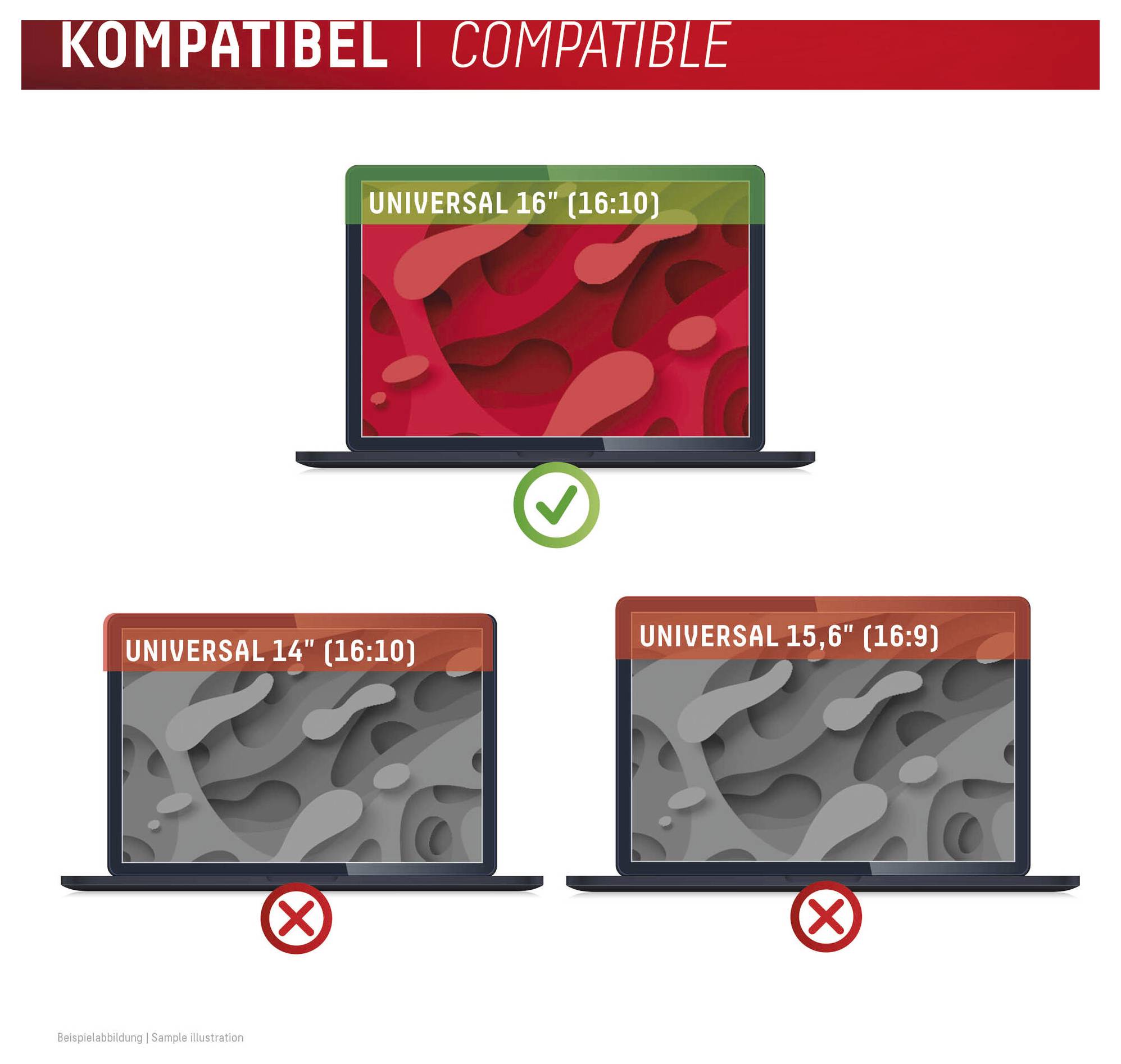 Tabulka kompatibility: pouze "UNIVERSAL 16" (16:10)" je schválena se zelenou značkou; "UNIVERSAL 14" (16:10)" a "UNIVERSAL 15,6" (16:9)" jsou označeny jako nekompatibilní s červenými X.