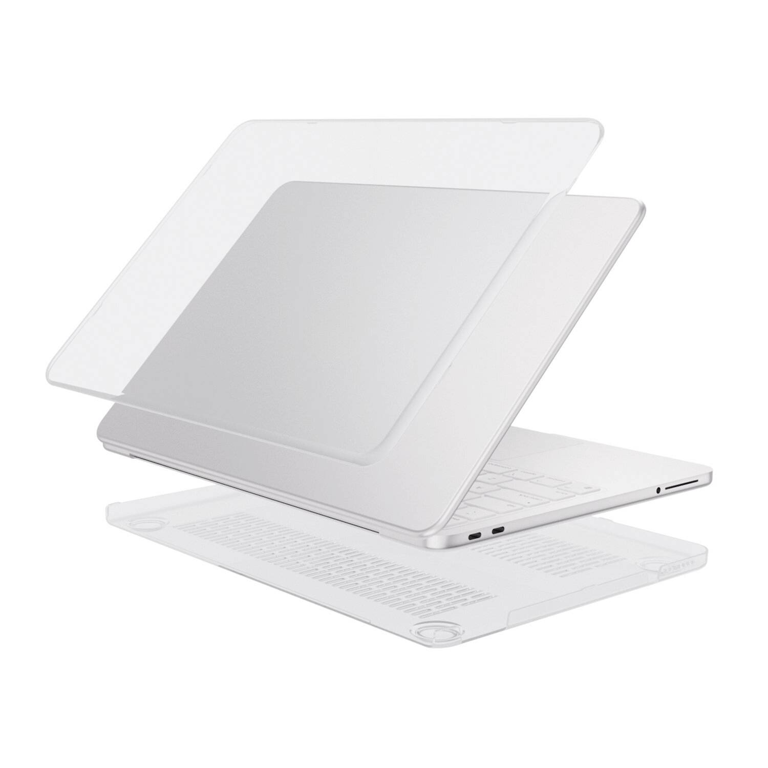 Rozložený pohled na tenký bílý notebook s průhlednými ochranými vrstvami oddělenými nad a pod zařízením.