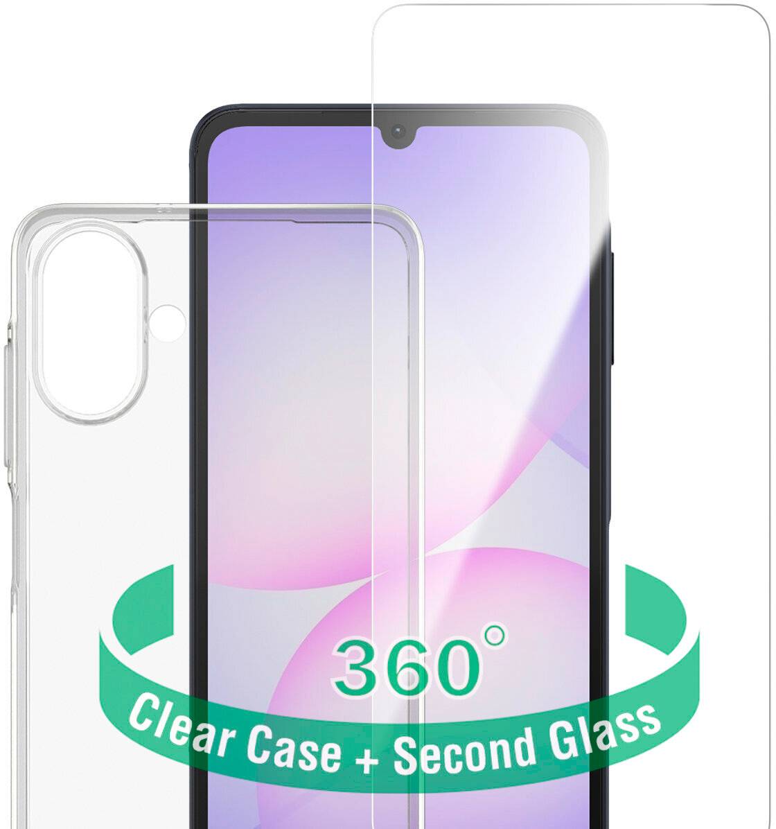 Smartphone zobrazený s průhledným pouzdrem a ochranným sklem na displeji, označený "360° Průhledné Pouzdro + Druhé Sklo".