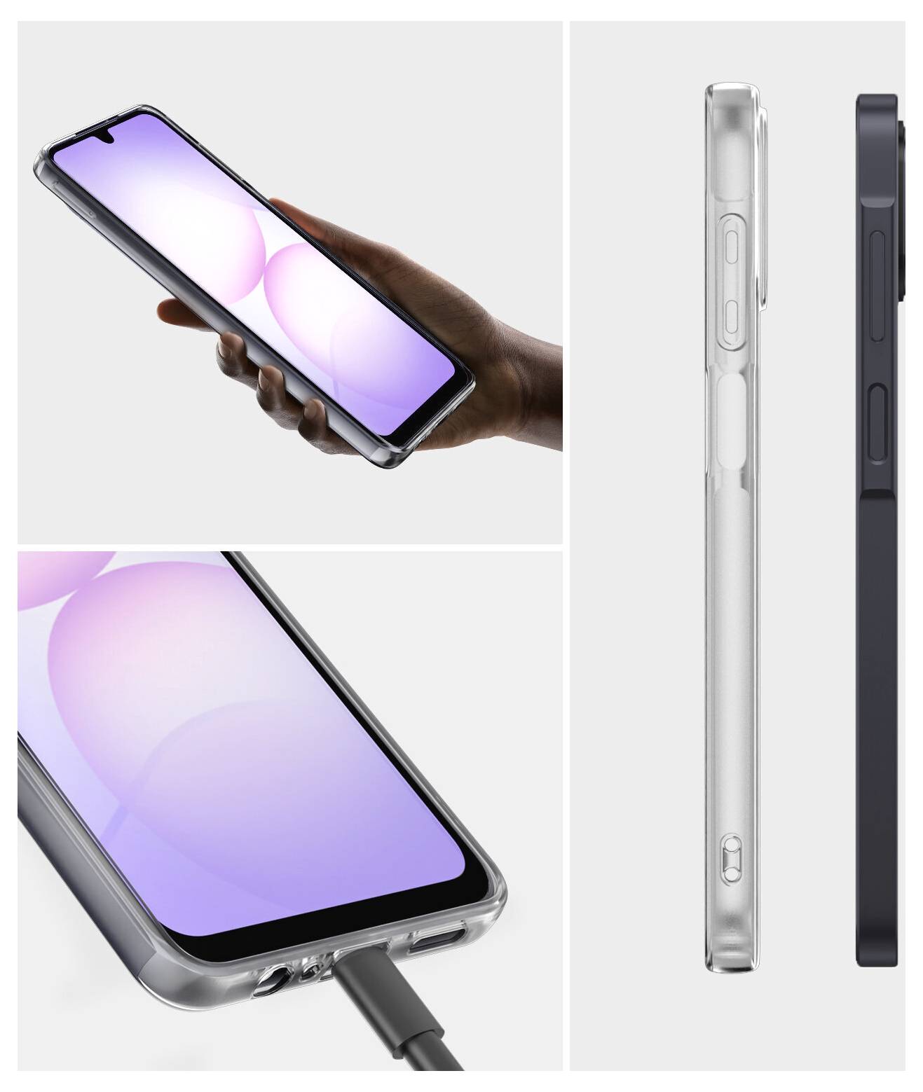 Telefon v čiré ochranné pouzdře držený v ruce, plus zblízka nabíjecího portu na spodní straně a bočních tlačítek, s pohledem zepředu a ze strany.