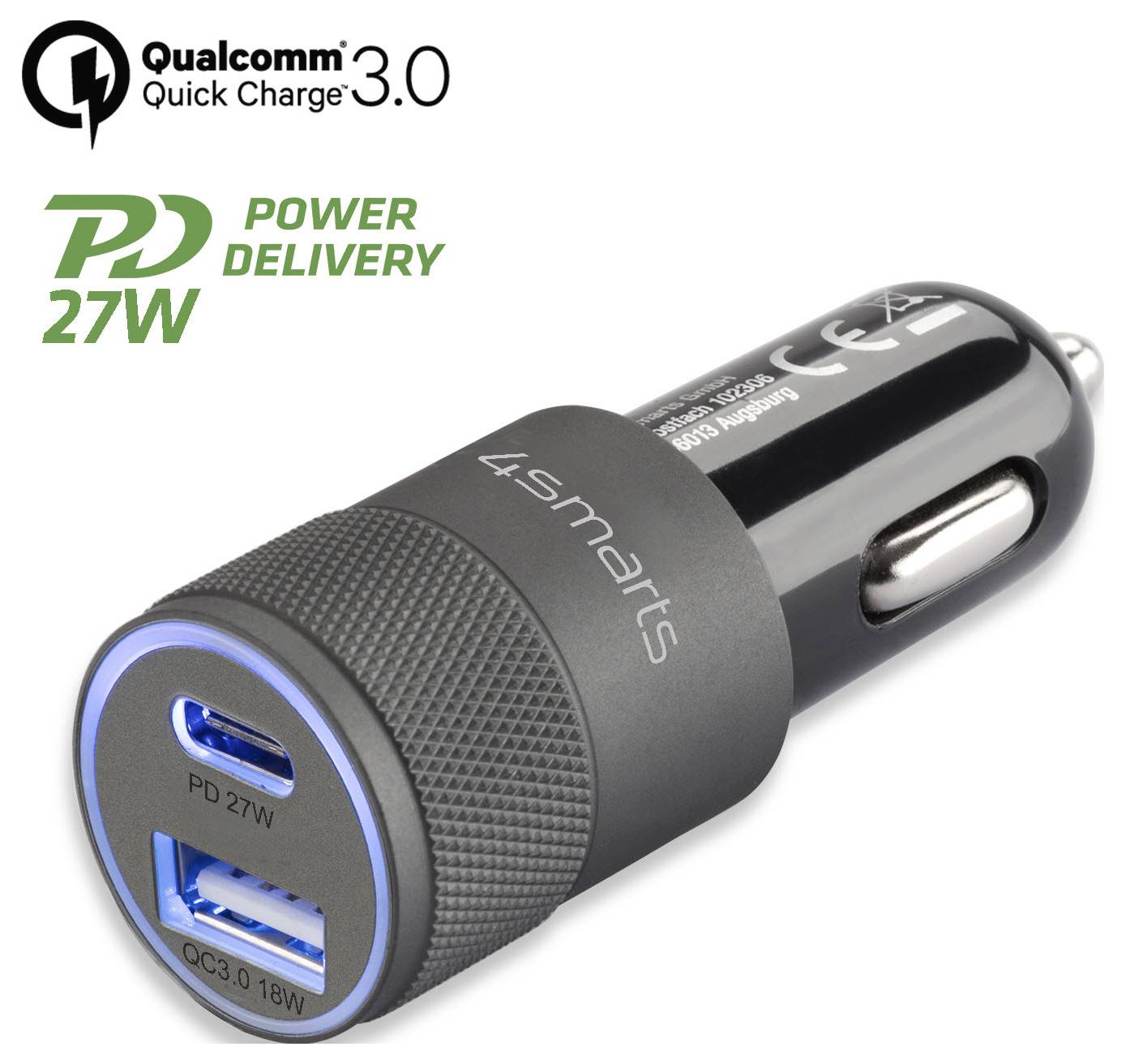 Černá nabíječka do auta s porty USB-C a USB-A, označená Qualcomm Quick Charge 3.0 a Power Delivery 27W.