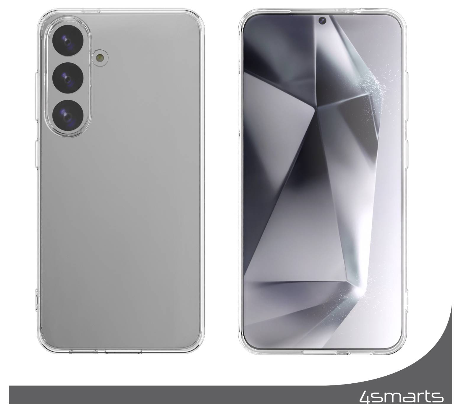 Přední a zadní pohled na stříbrný chytrý telefon v průhledném ochranném pouzdře se třemi zadními kamerami a geometrickým tapetou na displeji.