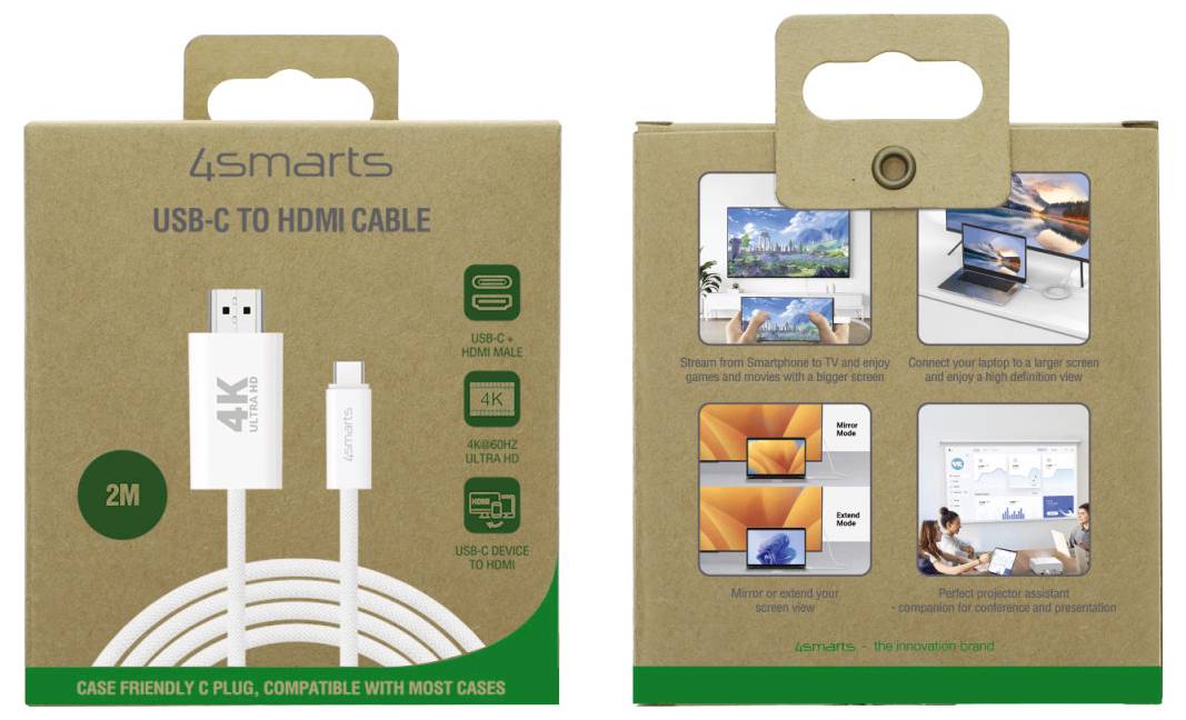 Balení kabelu 4Smarts USB-C na HDMI znázorňující bílý kabel dlouhý 2 m s podporou 4K a kompatibilitou USB-C na HDMI.