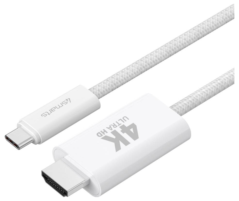 Bílý kabel USB-C se adaptérem 4K Ultra HD, který ukazuje konektor USB-C a větší konektor ve stylu HDMI na pletenému kabelu.