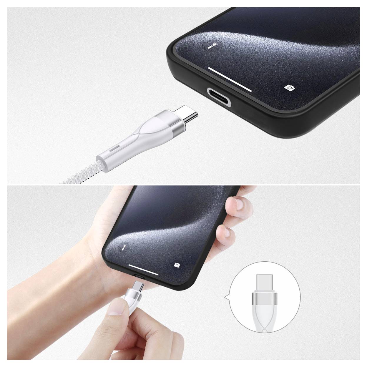 Detailní záběr na telefon nabíjený prostřednictvím kabelu USB-C, který ukazuje port a konektor se zapojují do zásuvky.