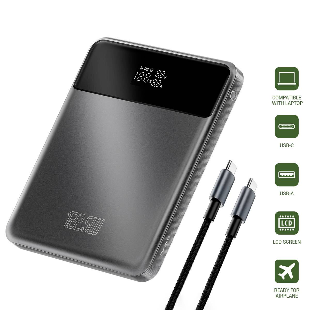 Přenosná powerbanka 72,5W s LCD displejem, porty USB-C a USB-A, zobrazena se dvěma nabíjecími kabely a ikony pro použití u notebooku a letadla.