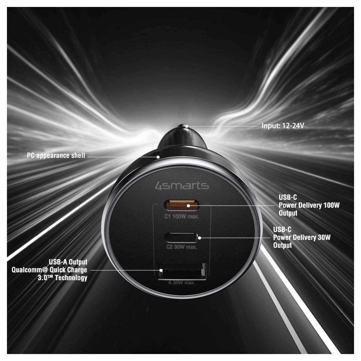 Autoadaptér 4smarts s jedním USB-C portem 100W, jedním USB-C portem 30W a jedním USB-A portem Quick Charge 3.0; vstup 12-24V.