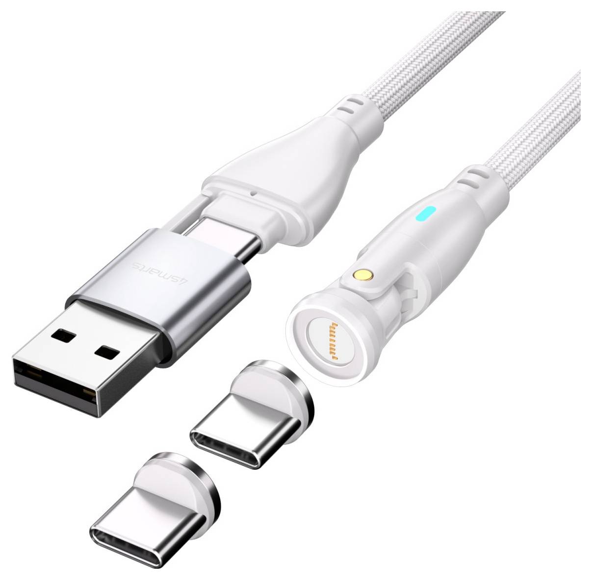 Kabel USB-A na USB-C zobrazený s odnímatelným magnetickým konektorem USB-C, ukazující na rychlé připojení pro nabíjení/přenos dat.