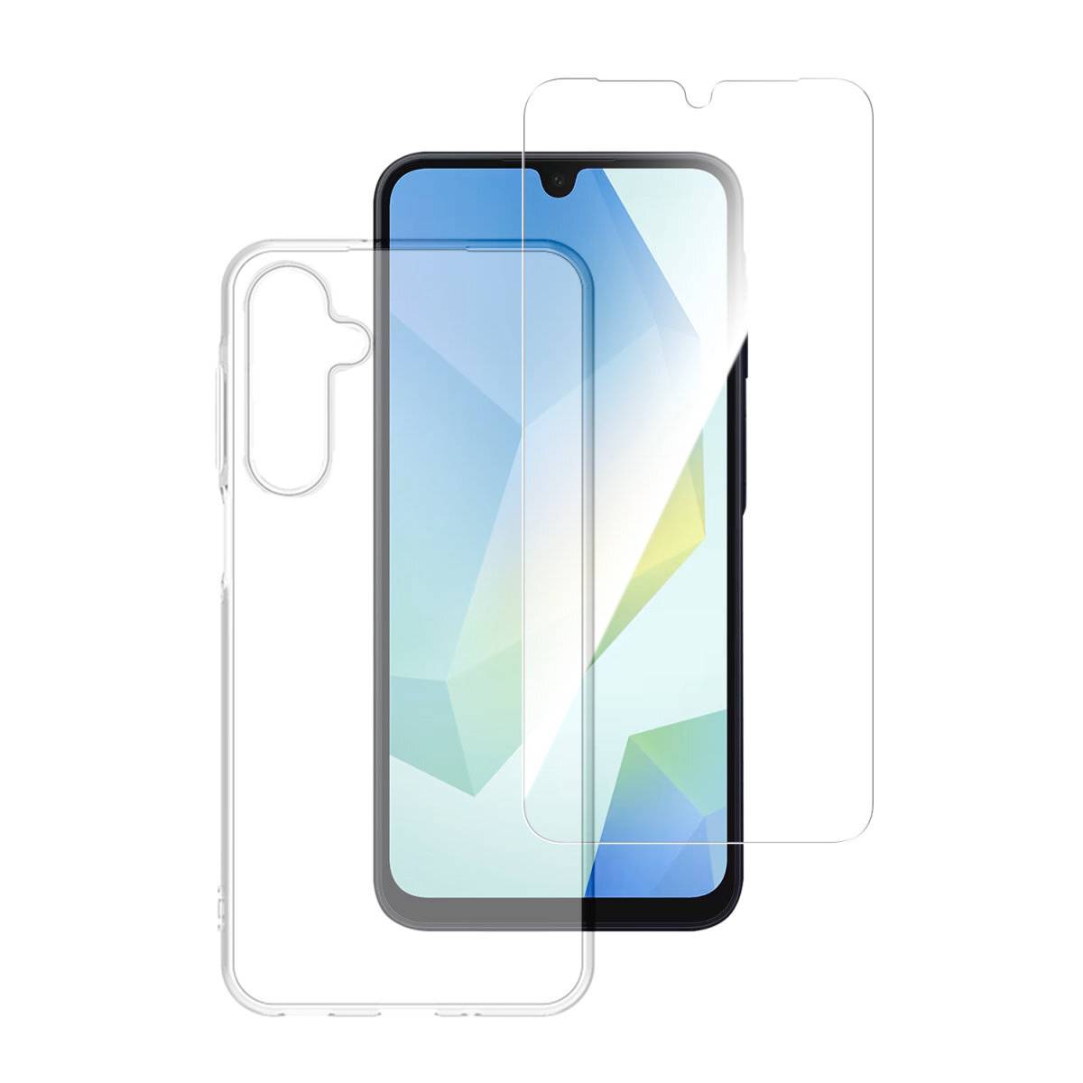 Smartphone zobrazený s čirým ochranným pouzdrem a ochrannou fólií na displej vyrovnanou přední a zadní strany.