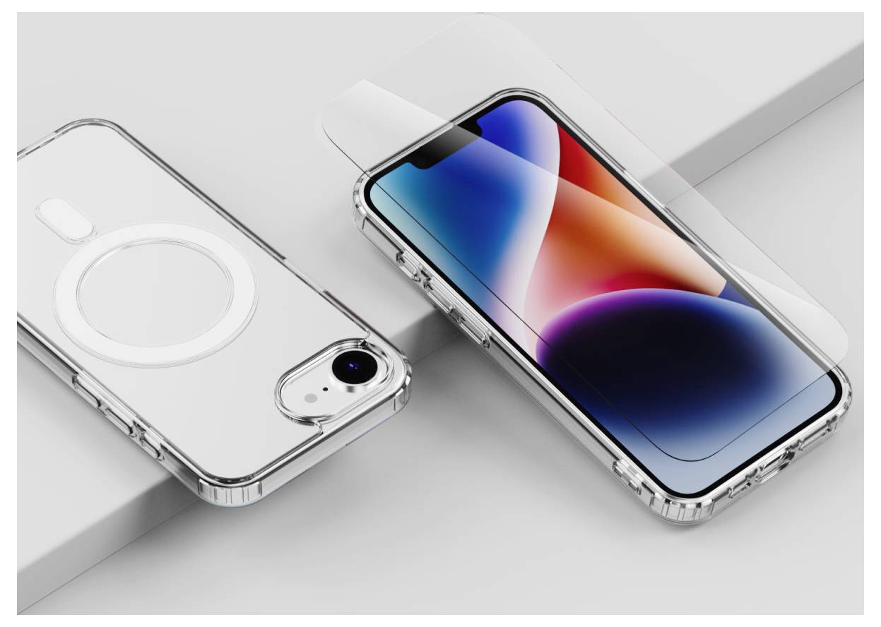Dva průhledné pouzdra na telefon zobrazená na chytrých telefonech, jedno ukazující zadní stranu s kulatým kroužkem ve stylu MagSafe a výřezem pro fotoaparát, druhé ukazující přední displej.