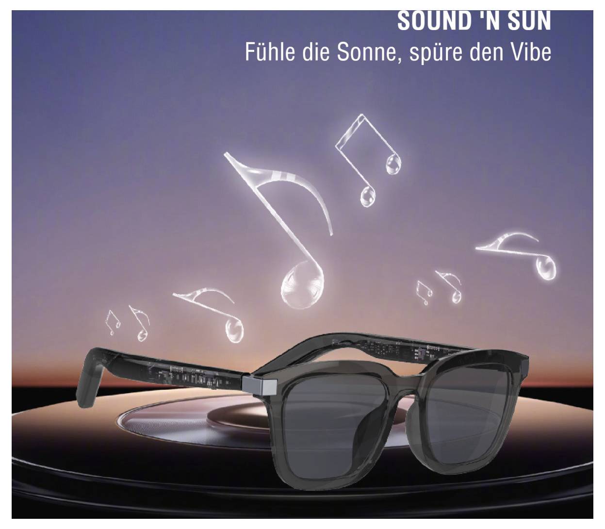 SOUND 'N SUN sluneční brýle na gramofonu s lebedícími hudebními notami a sloganem "Cítíš slunce, cítíš vibe".