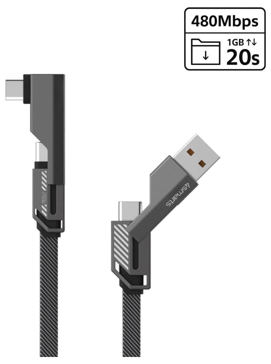 Splétaný úhlový USB kabel s pravoúhlými konektory, označený 480Mbps a 1GB za 20s, zobrazený ve dvou orientacích konektoru.