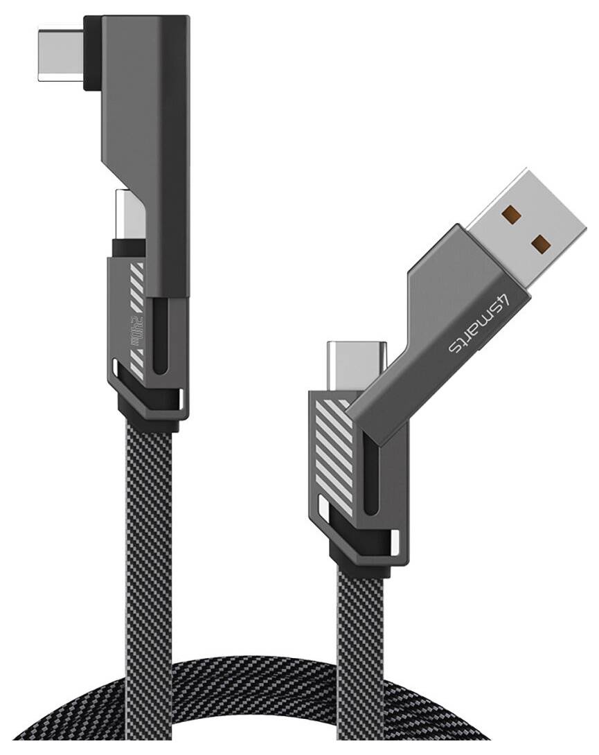 Černý USB nabíjecí kabel ve tvaru L s tkaným pletencovým vedením a dvěma úhlovými konektory zobrazený na bílém pozadí.