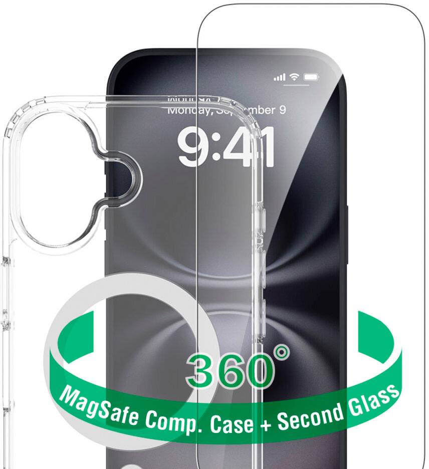 Průhledný pouzdro na telefon kompatibilní s MagSafe s druhým skleněným ochranným sklem a grafickou 360° ochranou.