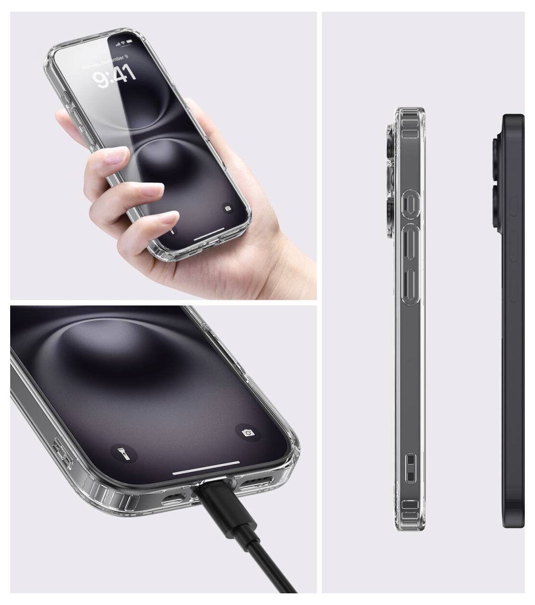 Průhledný kryt telefonu na iPhonu zobrazený v ruce a nabíjení, se zobrazením ze strany zdůrazňujícím štíhlý profil krytu a výřezy.