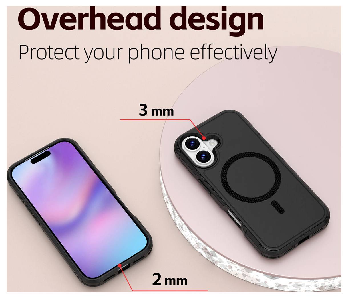 Reklamní grafika pro design pouzdra na telefon s horním připojením: 'Chraňte svůj telefon efektivně' s černým pouzdrem na telefonu, zobrazujícím 3 mm výstup fotoaparátu a 2 mm ochranu spodního okraje.