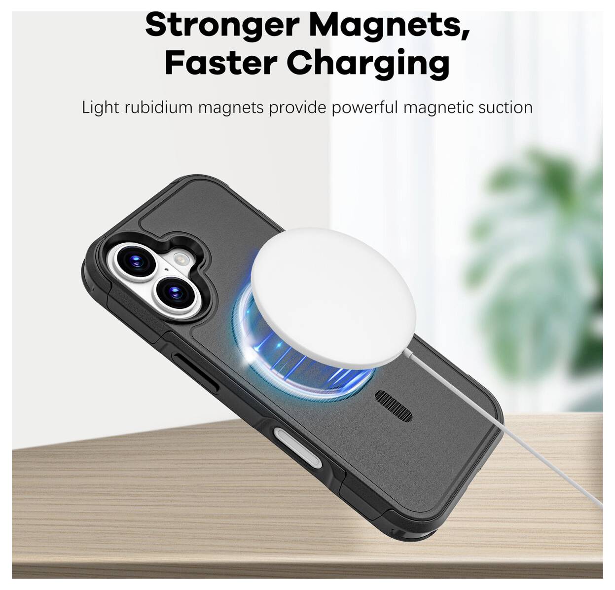 Propagační obrázek pouzdra na telefon s připevněným magnetickým nabíječem; text zní „Silnější magnety, rychlejší nabíjení" a „Lehké rubidium magnety poskytují silnou magnetickou přísavnost".
