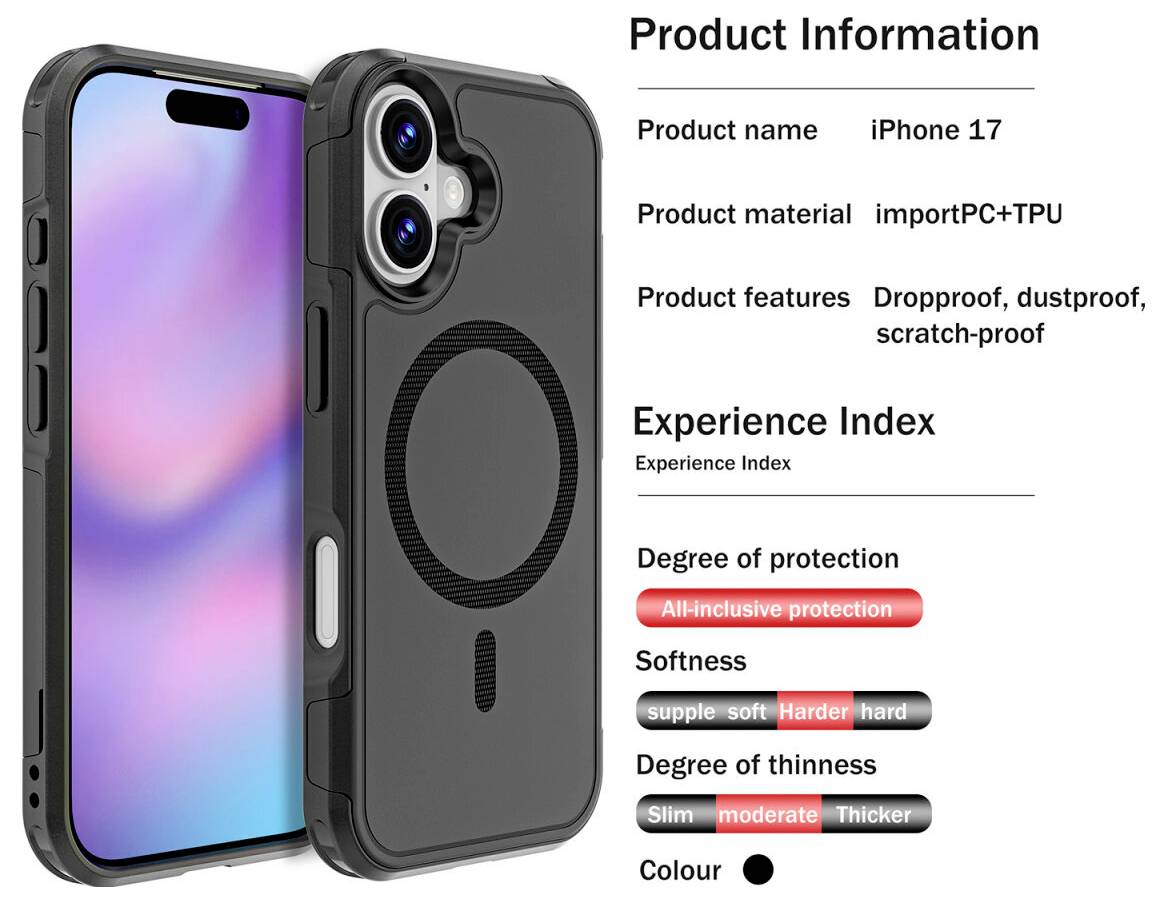 Ochranný kryt na černý iPhone 17 zobrazený s telefonem, vybavený MagSafe kroužkem a výřezem pro fotoaparát; informace o produktu uvádějí, že je odolný proti pádu, prachu a škrábancům.