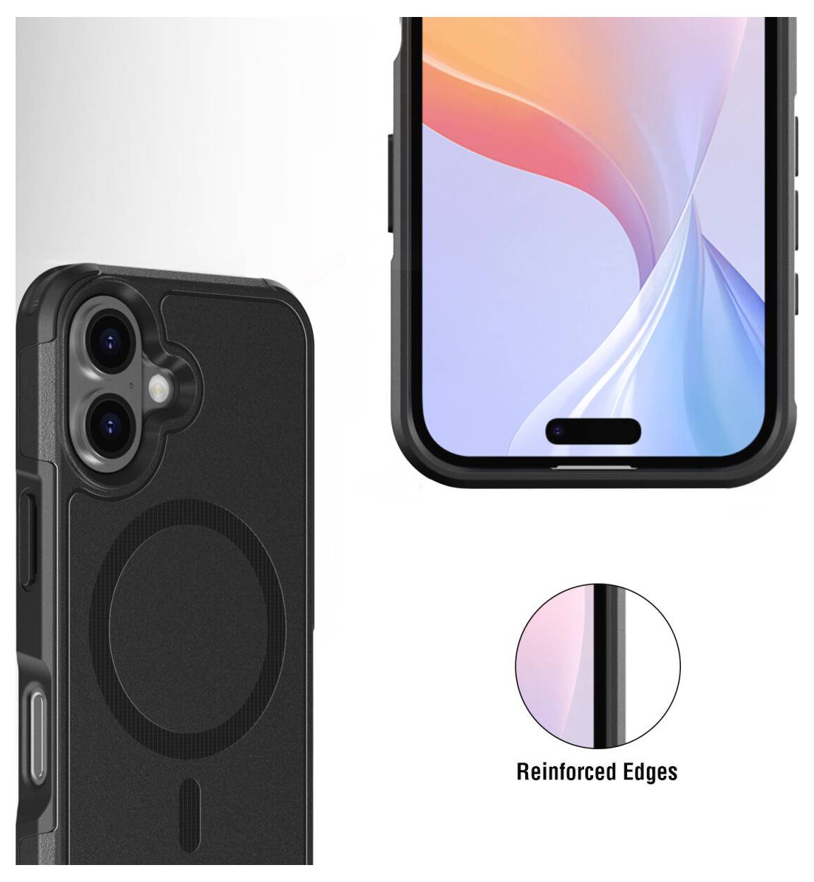 Promocional grafika černého pouzdra na smartphone zobrazující přední a zadní pohled s vysvětlením zdůrazňujícím „Zpevněné okraje" pro lepší ochranu.