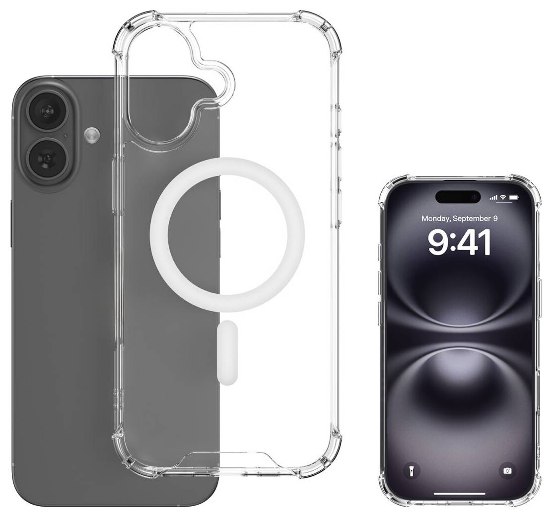 Průhledné pouzdro na iPhone s MagSafe kroužkem zobrazené přes šedý iPhone vedle přední strany telefonu se zobrazeným časem 9:41 na zamykací obrazovce.