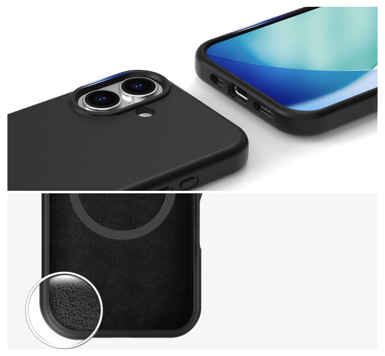 Černý kryt telefonu se zvýšeným duálním výřezem pro fotoaparát a texturovaným detailem úchopu, zobrazen v detailním záběru na chytrém telefonu.