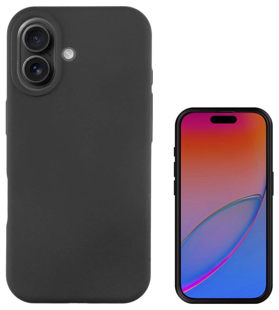 Černý kryt iPhone zobrazen vedle přední strany chytrého telefonu s barevným gradientním displejem a tabletkovitým výřezem přední kamery.