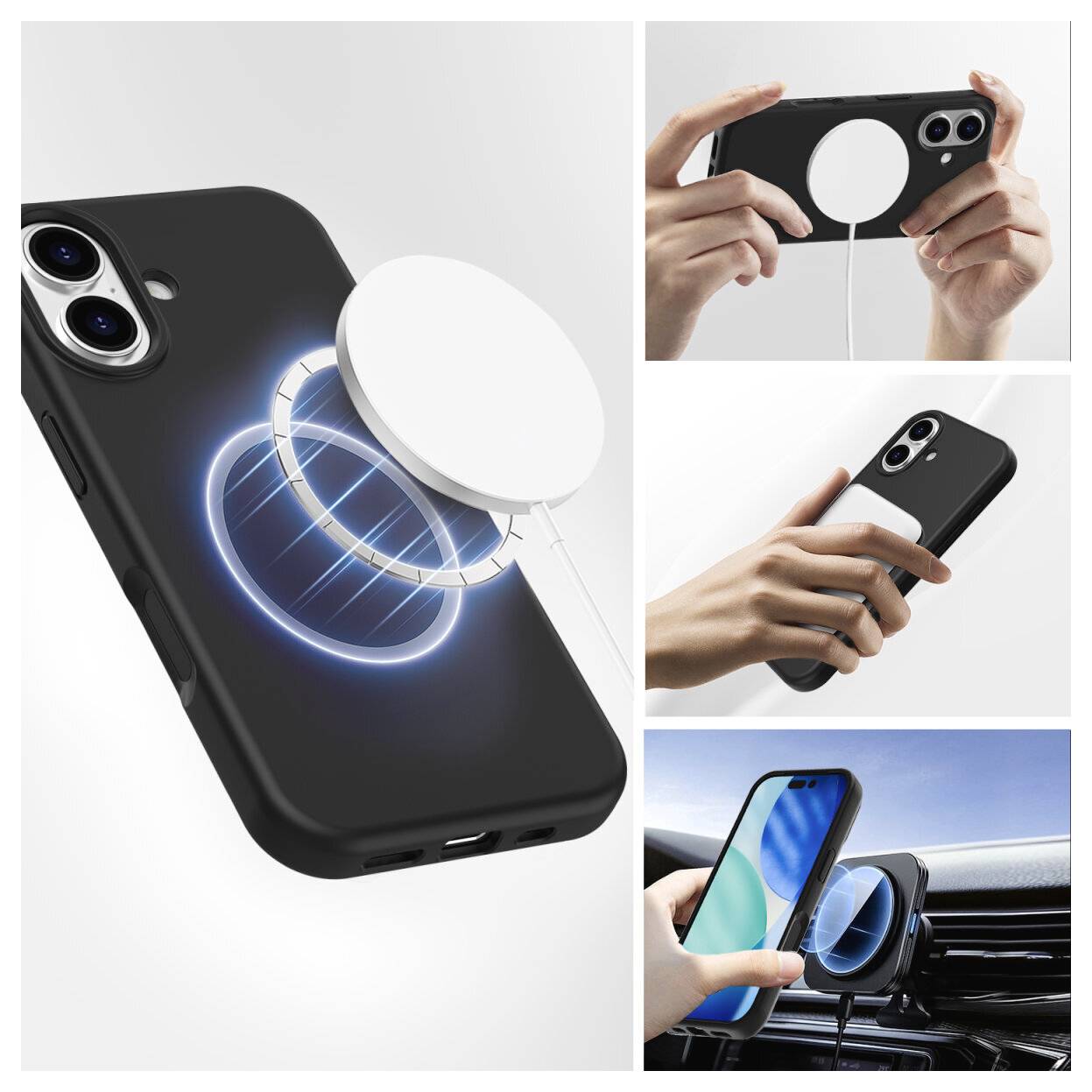 Koláž zobrazující magnetickou bezdrátovou nabíječku telefonu a pouzdro na telefon v černé barvě, používané pro upevnění a nabíjení chytrého telefonu v ruce nebo v automobilu