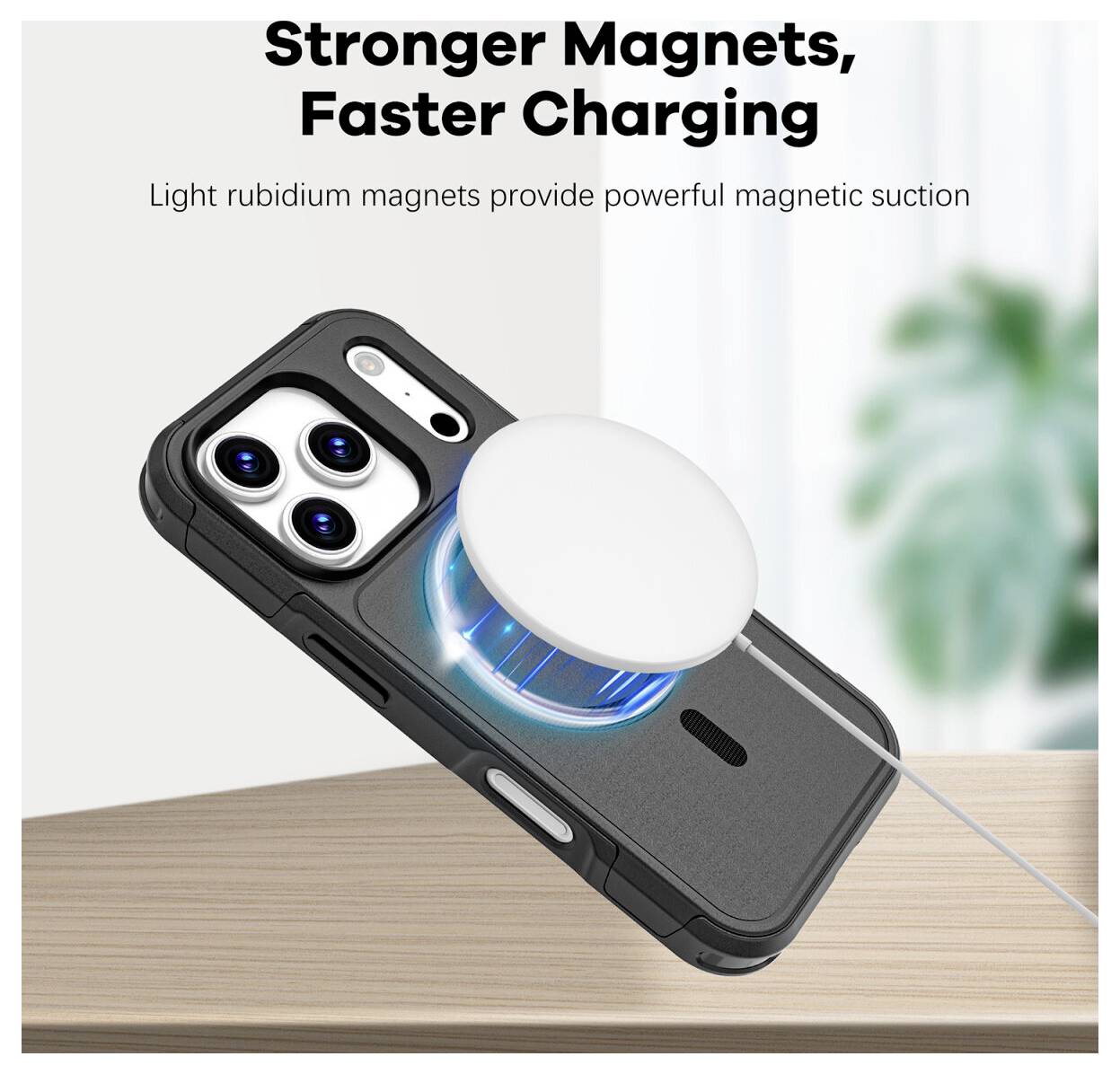 Pouzdro na telefon, které magneticky nabíjí chytrý telefon na stole, s textem „Silnější magnety, rychlejší nabíjení" a „Lehké rubidiové magnety poskytují výkonnou magnetickou přísavnost".