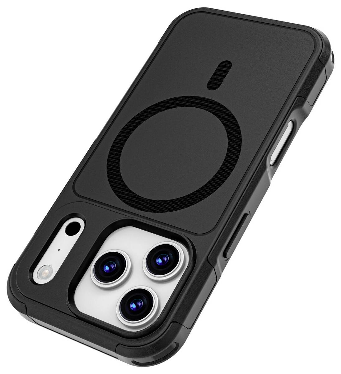 Černý kryt telefonu s magnetickým orientačním kroužkem ve stylu MagSafe a zvýšenou ochranou kamery kolem výřezu pro trojitou fotoaparát chytrého telefonu.