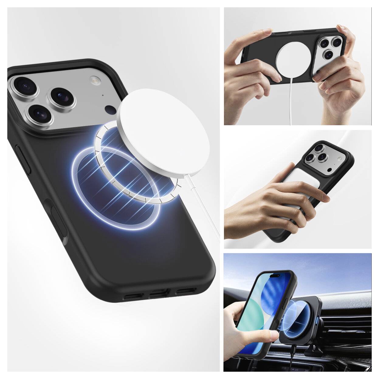 Koláž zobrazující magnetický držák telefonu a kruhový úchop připevňující se ke smartphonu, včetně použití jako držáku na přístrojovou desku automobilu.