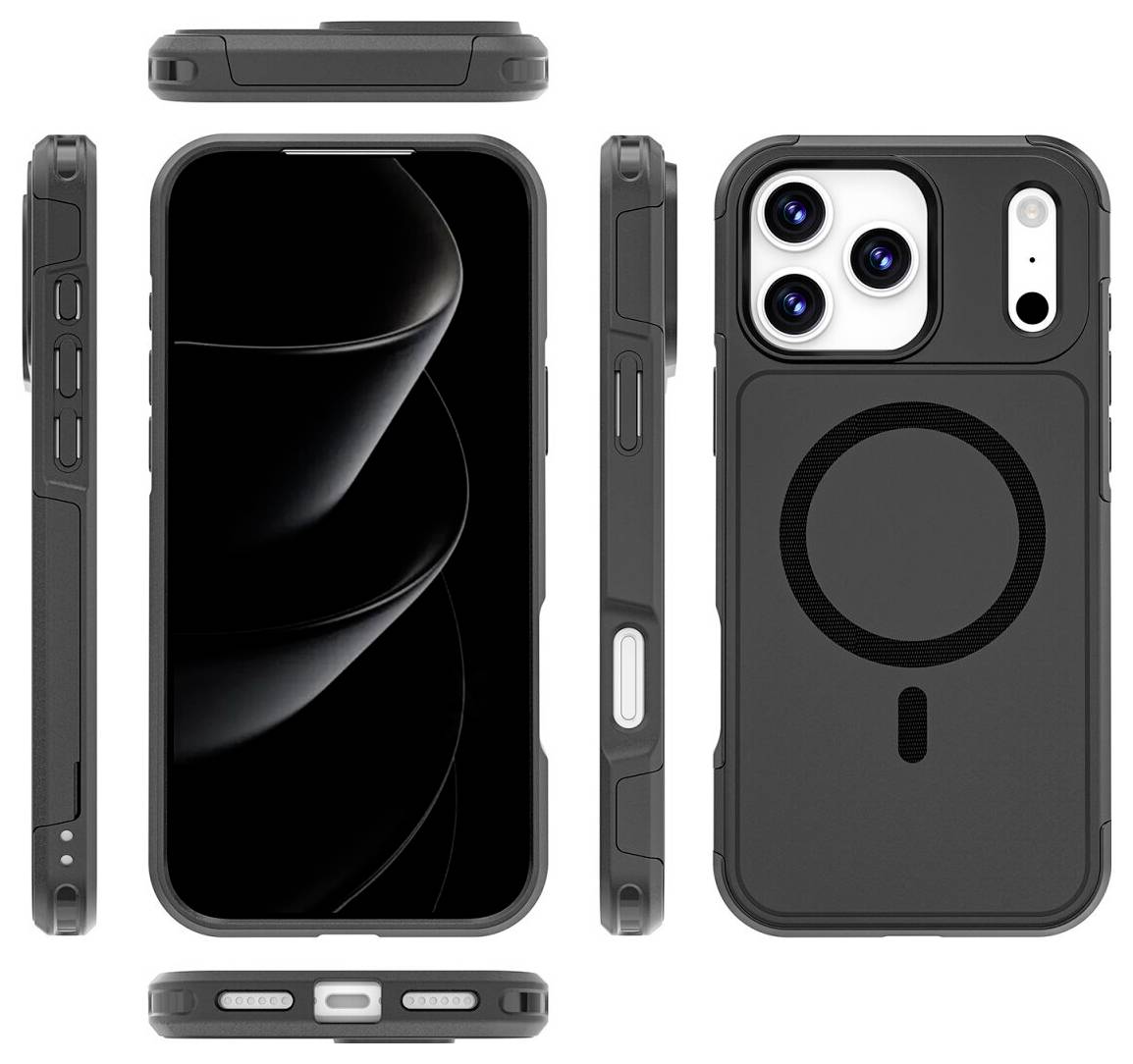 Odolné černé pouzdro na iPhone zobrazené z přední, zadní, horní, dolní a boční strany s magnetickým kroužkem MagSafe a zvýšenou ochranou fotoaparátu.