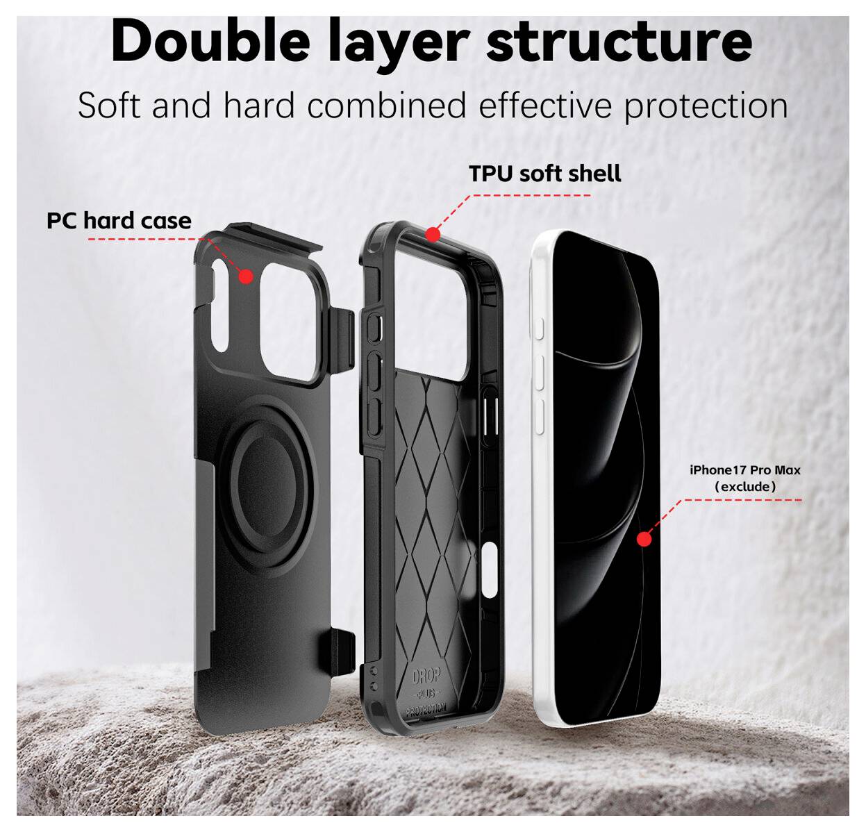 Rozložený pohled na dvouvrstvý obal telefonu s "PC tvrdým pouzdrem" a "TPU měkkou skořápkou" pro iPhone 17 Pro Max, ukazující kombinovanou ochranu.
