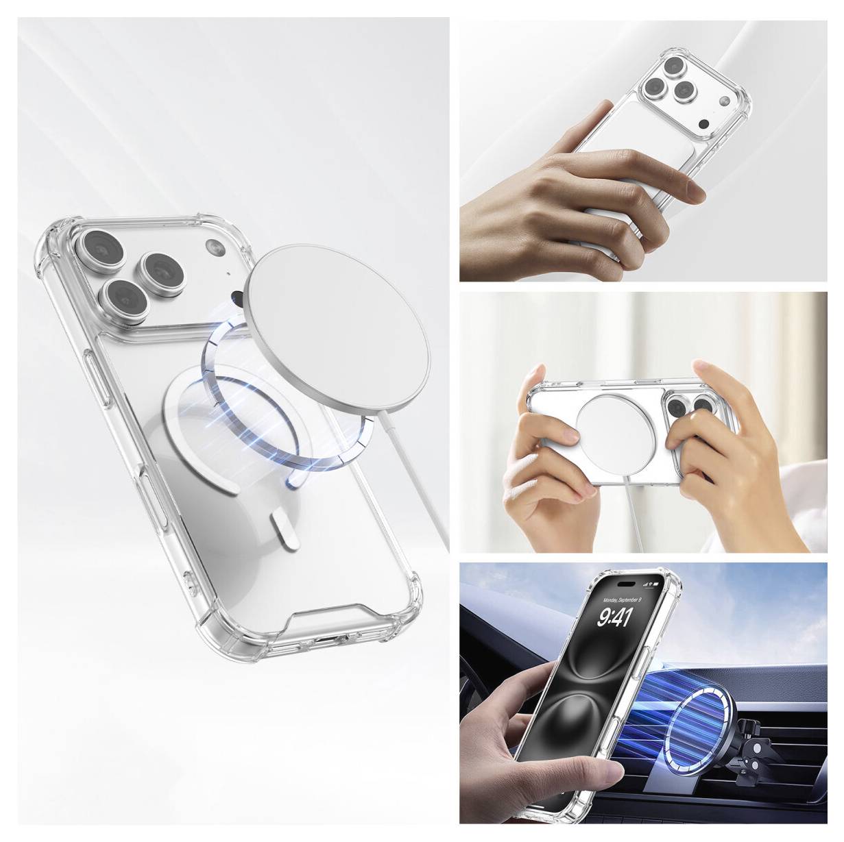 Koláž znázorňující průhledný magnetický obal na telefon a držák kroužku na chytrém telefonu, s detailními snímky obalu drženého v ruce a připevněného v držáku na průduch automobilu.