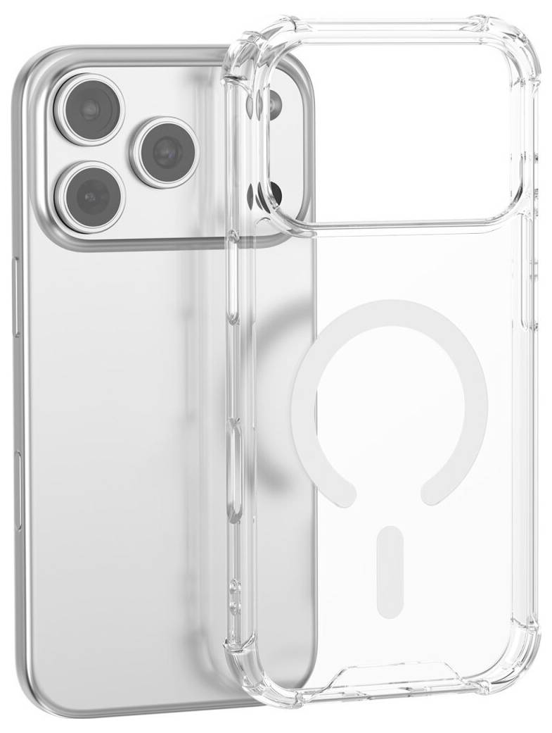 Dvé čiré pouzdra na chytrý telefon zobrazená před stříbrným modelem iPhone Pro, jedno transparentní a jedno matné s magnetickým kroužkem MagSafe.